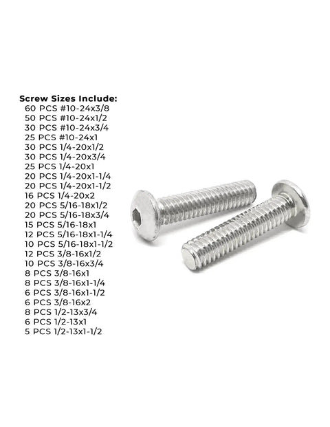 Inch 18-8 Stainless Steel Allen Button Head Socket Cap Screws Bolts Set With Locking Storage Bin Includes Size 10 One Quarter Inch Five Sixteenth Inch Three Eighth Inch And One Half Inch Coarse Diameters In Silver displayed with size chart.