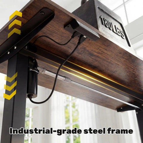 Smooth Electric Sit Stand Desk Offers Effortless Motorized Height Adjustment For Ultimate Ergonomic Home Office Setup With Roomy 46 Inch Surface For Monitors And Laptops showing industrial-grade steel frame and motor details.