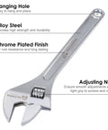 18 Inch Adjustable Wrench Heavy Duty Drop Forged Steel Chrome Plated With Precision Machined Jaws Rust Resistant For Home Auto And Mechanical Repairs And Everyday Fixes Workhorse Tool with chrome finish and adjusting nut.