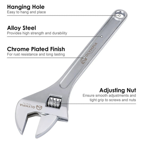 18 Inch Adjustable Wrench Heavy Duty Drop Forged Steel Chrome Plated With Precision Machined Jaws Rust Resistant For Home Auto And Mechanical Repairs And Everyday Fixes Workhorse Tool with chrome finish and adjusting nut.