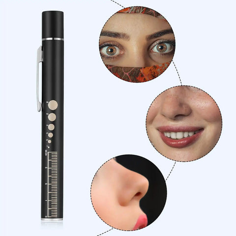 Dual LED Pen Light USB Rechargeable With Extra Warm Light Pupil Chart And Ruler Pocket Clip Aluminum Penlight next to facial features