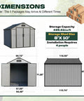 Dimensions and views of 8 X 10 Ft Resin Outdoor Storage Shed With Floor, Windows And Lockable Door, Wood Grain Exterior, Reinforced Steel Frame