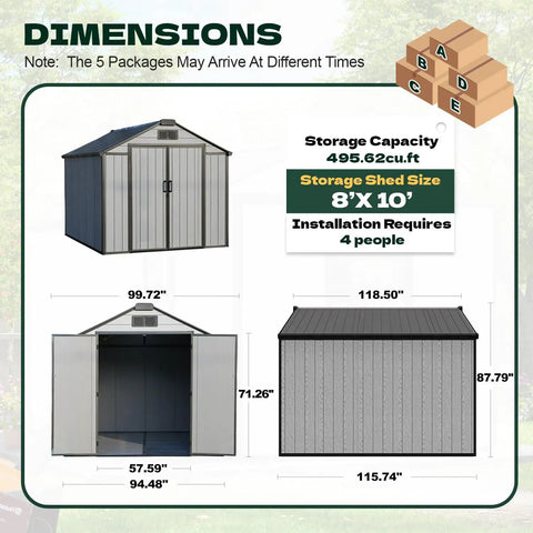 Dimensions and views of 8 X 10 Ft Resin Outdoor Storage Shed With Floor, Windows And Lockable Door, Wood Grain Exterior, Reinforced Steel Frame