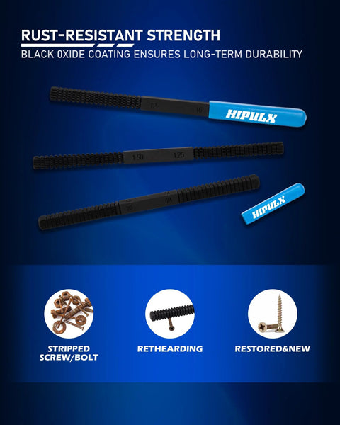 HIPULX 3-piece thread file set with ergonomic blue-handled bars; 5140 alloy steel SAE/metric thread files