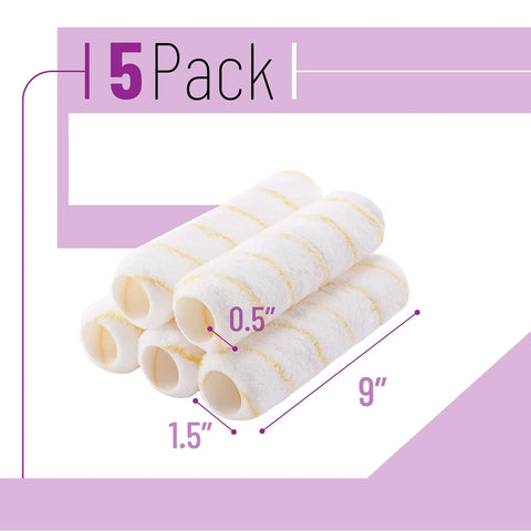 Five Pack Half Inch Nap Nine Inch Paint Roller Covers For All Paints And Stains, high density microfiber, 9-inch rollers