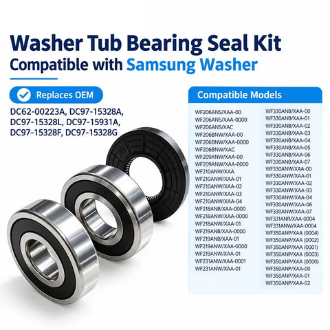 Heavy Duty Washer Tub Bearing And Seal Repair Kit For Front Load Machines Compatible With Numerous Samsung Models showing three bearings.
