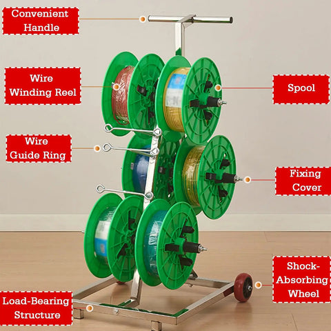 Turntable Cable Roller Stand With Wheels For Easy Wire Management And Spool Storage, 6-Tray Orange Spool Rack Organizer