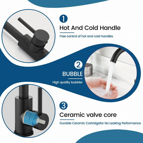 Matte Black Single Hole Bathroom Faucet With 360 Degree Swivel Spout, 304 Stainless Steel Vanity Sink Tap features and details