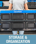 Person holding collapsed CleverMade Collapsible Storage Bins 3 Pack 46L in Royal Blue, stackable heavy duty crate.
