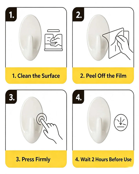 Heavy Duty Adhesive Wall Hooks Three Pack No Drill Waterproof Sticky Hangers Super Strong Grip instructions for setup steps.