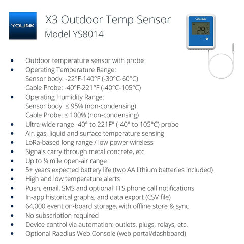Smart X3 Outdoor Temperature Data Logger With Probe, Quarter Mile Range, 5 Plus Years Battery Life, Email Text And App Alerts, Alexa And IFTTT Ready, Thermometer For Pool Hot Tub Fish Tank And More, Hub Required. YoLink sensor