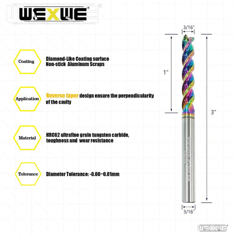 Extra Long Three Sixteenth Inch Carbide Square End Mill Set For Aluminum Copper Alloy And Plastic Three Inch Overall Length Five Piece DLC Coated 3 Flute CNC Router Bits Shank Three Sixteenth Inch Pro Grade displayed with measurements and features