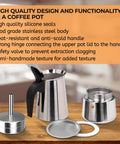 Stainless Steel 12 Cup Moka Pot Espresso Maker For Stovetop Brews Like A Boss Italian Classic Style Cafetera Coffee Pot 600ml Portable For Camping Travel And Home Use shown disassembled on wooden table, highlighting stainless steel components and sleek design.