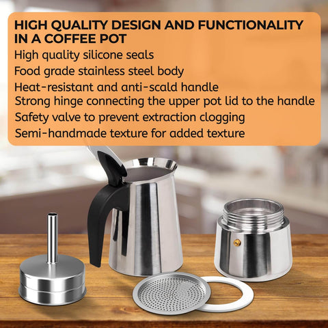 Stainless Steel 12 Cup Moka Pot Espresso Maker For Stovetop Brews Like A Boss Italian Classic Style Cafetera Coffee Pot 600ml Portable For Camping Travel And Home Use shown disassembled on wooden table, highlighting stainless steel components and sleek design.