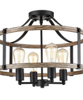 Farmhouse 4 Light Ceiling Fixture, 18-Inch Rustic Drum Cage Semi Flush Mount Light In Black And Wood Grain Finish, ideal for bedrooms.