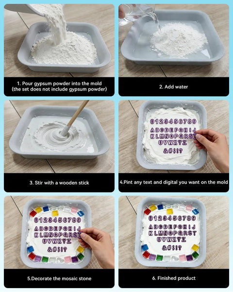 Step-by-step process of using 12 Piece Stepping Stone Molds Kit for Concrete Pavers Squares 4 Size Set for Garden Outdoor Pathways Mosaic Tiles DIY Craft Kit with Letter Number Stamps Carving Tools Perfect for Kids and Adults No Concrete Mix