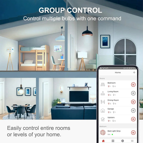 No Hub Smart Light Bulb For Google Home Control, app interface for controlling home lights, showing group control features