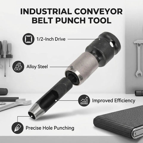 Sick And Serious Power Hole Punch Lacing Tool For Conveyor Belts With 1/2 Inch Drive Alloy Steel Build close-up of tool handle and end.