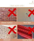 Image showing surfaces unsuitable for use with BEADNOVA products: uneven surface, painted wall, wallpaper, heat surface.
