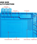 Pro Grade Heat Resistant Solder Pad With Anti Static Magnetic Silicone Large Workbench Pad With Built In Scale For Cell Phones Computers And Electronics Repairs 17.7 By 11.8 Inches Blue The Must Have DIY Tech Fix Station with outlined features