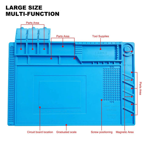 Pro Grade Heat Resistant Solder Pad With Anti Static Magnetic Silicone Large Workbench Pad With Built In Scale For Cell Phones Computers And Electronics Repairs 17.7 By 11.8 Inches Blue The Must Have DIY Tech Fix Station with outlined features