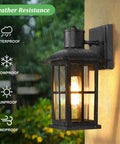 13 Inch Outdoor Wall Lights Two Pack Heavy Duty Matte Black Aluminum Exterior Sconce Fixtures For House Walls Porch Entryway Garage No Fuss Weatherproof With Clear Glass Panels showcasing weatherproof features against rain.