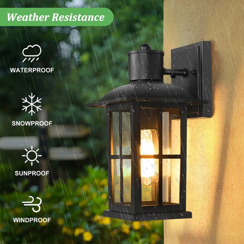 13 Inch Outdoor Wall Lights Two Pack Heavy Duty Matte Black Aluminum Exterior Sconce Fixtures For House Walls Porch Entryway Garage No Fuss Weatherproof With Clear Glass Panels showcasing weatherproof features against rain.