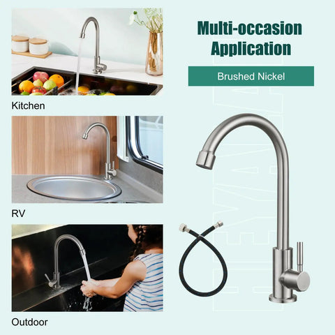 Cold Water Only Kitchen Faucet With 1 Hole, 360 Degree Swivel Gooseneck High Arc Deck Mount in brushed nickel, shown in different settings