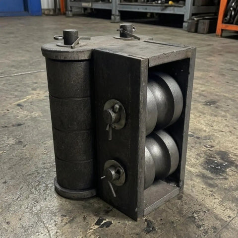 Feed Inlet Assembly For Steel Bar Straightening Machine Heavy Duty Beefy Metal Component With Legs And Guide Eyelet Black Industrial Repair Part For High Volume Material Feeding And Alignment, black steel