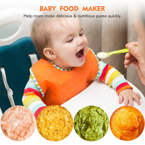 Slick Hands Down Game Changer 800 Watt Immersion Hand Blender With 12 Speeds And Turbo Boost Titanium Reinforced Blade Bpa Free 4 In 1 Kitchen Combo Featuring Chopper And Egg Beater Tool in use with baby food.