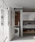 Bi Fold Barn Door Hardware Kit For Two Doors With Low Ceiling Roller System Lite Version Fits 24 Inch Bifold Doors installed in laundry room