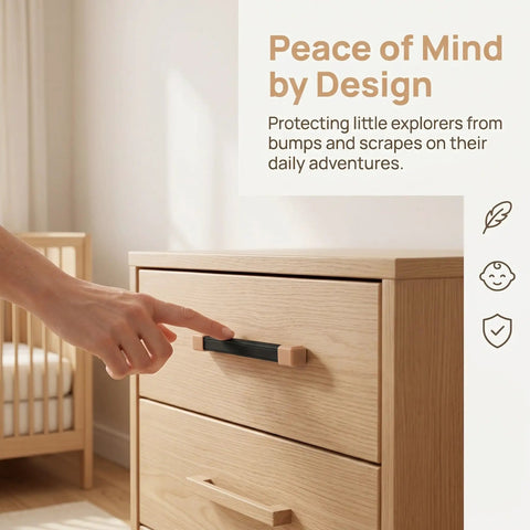 Hand touching drawer with Six Piece Silicone L Shaped Corner Protectors For Cabinet And Wardrobe Handles With Strong Adhesive And Bumper Protection In Coffee Color Easy Install Safety Guard For Drawers Closets And Furniture.