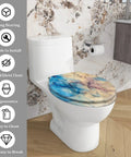 Elongated Toilet Seat Quiet Close for Home Bathroom Replacement, colorful design on round seat, ergonomic fit for comfort.