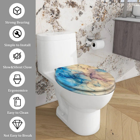 Elongated Toilet Seat Quiet Close for Home Bathroom Replacement, colorful design on round seat, ergonomic fit for comfort.