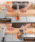 10 Inch Table Saw With Stand, 15 Amp Copper Motor Spins at 5300 Rpm for Badass Cuts through Hardwood, showing cross and bevel cutting depths.