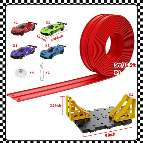 16 Ft Flexible Race Track With Suction Cups For Diecast 1 64th Cars Portable Roll Out Red Car Track Toy For Kids 3 Plus