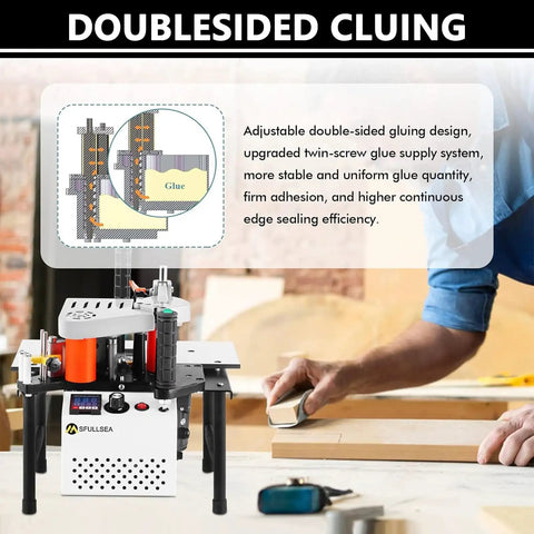 No Sweat Heavy Duty Woodworking Edge Bander With Double Side Glue For Quick Pvc And Plywood Strip Bonding showing adjustable gluing design.
