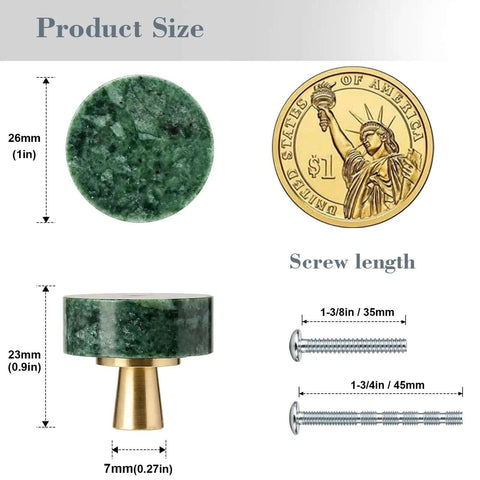 Green Marble Cabinet Knobs 4 Pack With Gold Metal Base size comparison with one-inch dimensions and screw length details.