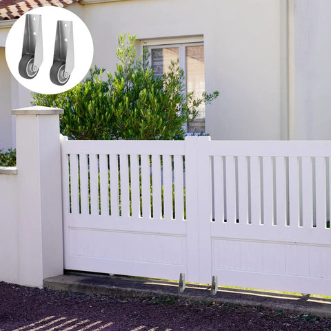 Set Of 4 Heavy Duty Gate Caster Wheels Replacement Smooth Rolling Recessed Trackers Upgrade Your Outdoor Gate With Rock Solid Rust Resistant Steel And Zero Hassle Screw Install on a white fence.