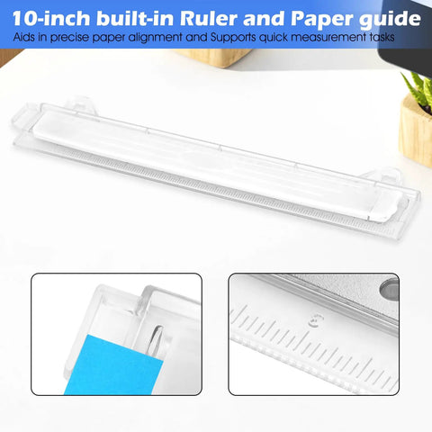 Portable 3 Hole Punch For 3 Ring Binders With One Quarter Inch Holes, shown with built-in 10-inch ruler and scrap tray in use