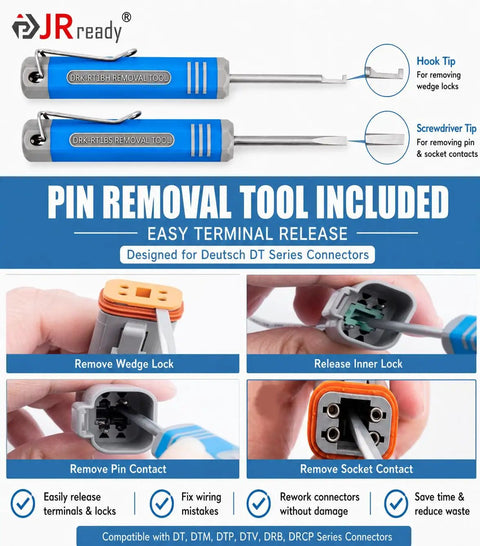 Pin removal tools included in 2 Pin Deutsch DT Connector Kit With 10 Sets DT04 2P DT06 2S Size 16 Stamped Contacts for 14-18 AWG