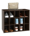 15 Cube Stackable Storage Organizer For Shoes Bags Crafts And More With Wood Shelves Ideal For Closet Entryway Or Mudroom Espresso Finish Expandable Wall Display And Easy Clip Together Design loaded with shoes and a bag.