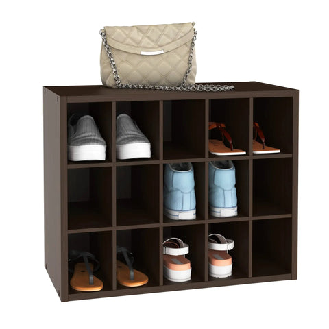15 Cube Stackable Storage Organizer For Shoes Bags Crafts And More With Wood Shelves Ideal For Closet Entryway Or Mudroom Espresso Finish Expandable Wall Display And Easy Clip Together Design loaded with shoes and a bag.