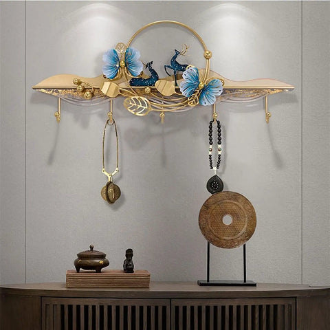 Heavy Duty Wall Mount Coat Hooks For Entryway And Closet, decorative gold rack featuring peacocks and flowers with jewelry organization.
