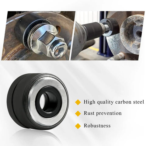 Professional Wheel Stud Installer Tool For Cars And Trucks Boasts Rust Resistant Steel Design shown in use on a vehicle wheel.
