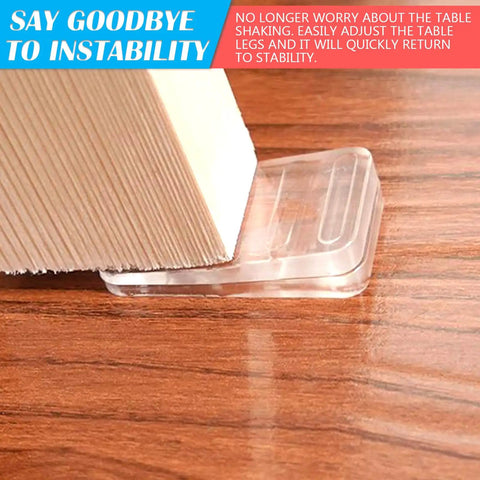 Close-up of Eight Pack Transparent Furniture Leveling Shims under a wooden table leg for stabilization.