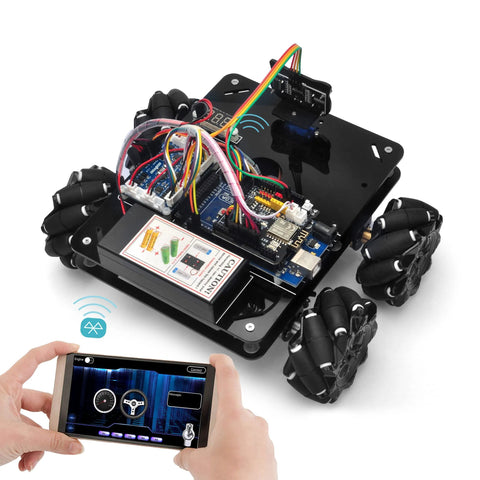 OSOYOO Omni-directional Mecanum robot car kit with metal chassis and Arduino Mega2560 module, battery pack, front view