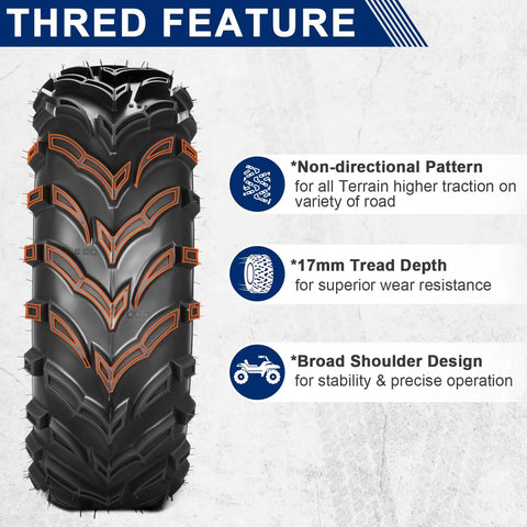 Set Of 2 25x8-12 ATV UTV Beefy Mud Trail Tires 6 Ply Tubeless For Off Road Adventures, directional tread pattern