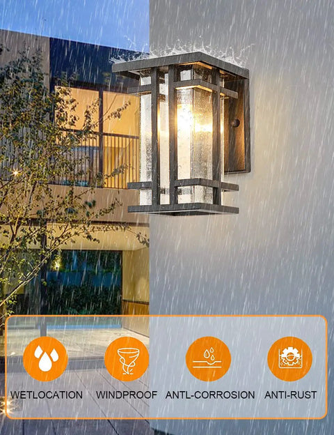 Retro Outdoor Wall Light With Clear Seeded Glass Shade In Black Finish, IP65 Waterproof Exterior Wall Lantern, wall-mounted