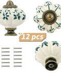 Ivory Ceramic Pumpkin Knobs 12 Pack For Cabinets And Dressers Vintage Green Flower Pulls With Screws Included.